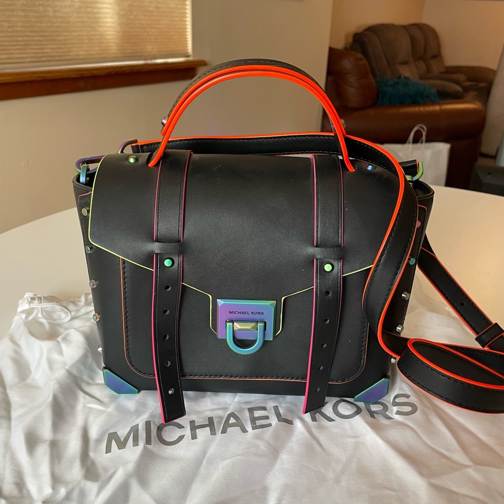 Michael Kors Black Crossbody Satchel with Neon Trim - Picture 4 of 6